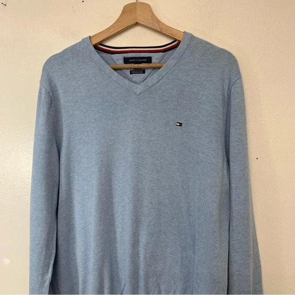 Tommy Hilfiger V Neck Sweater Men Medium Blue 100% Cotton Stretch Logo - Picture 2 of 10